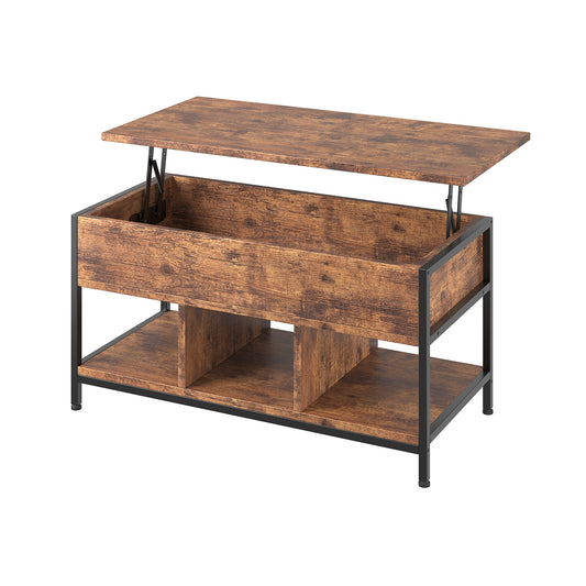 Lift up coffee table, high top coffee table, lift up coffee table with storage rack, hidden compartment and adjustable top, suitable for living room and office, retro color