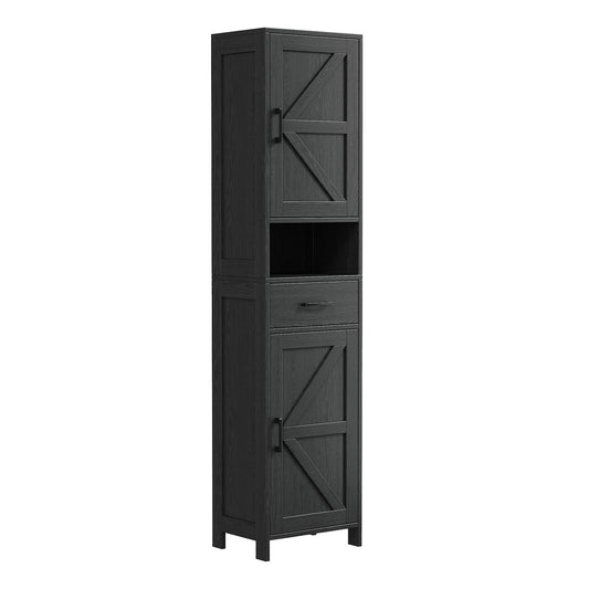 H-shaped high bathroom storage cabinet with 2 barn doors and 1 drawer, adjustable shelf, suitable for bathroom, living room, entrance, kitchen, black