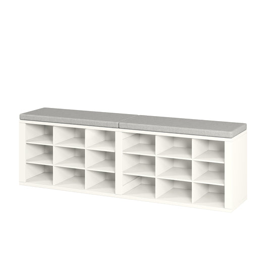 Shoe storage bench with 18 compartments, entrance bench with cushioned seats, suitable for entrance, hallway, living room, bedroom linen whiteboard with light gray 18 compartments