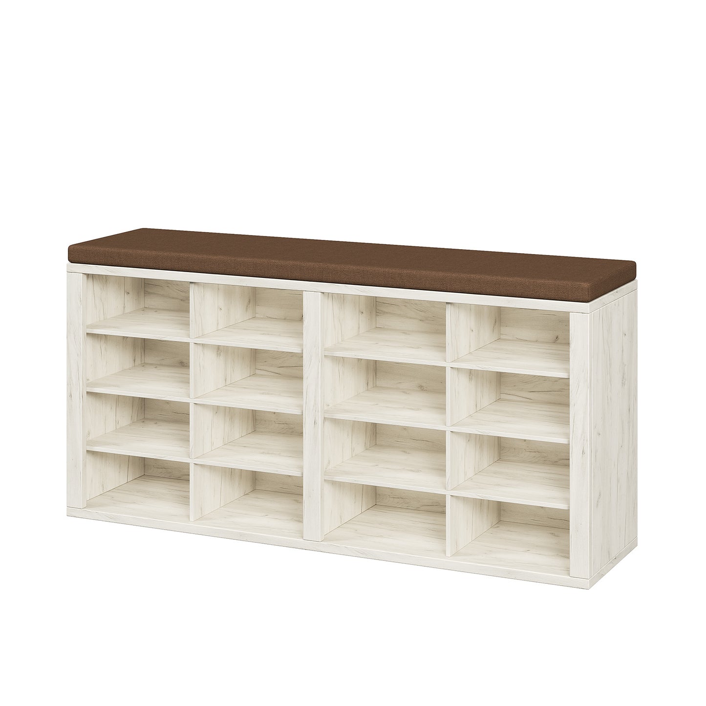 Shoe storage bench with seat cushion, 16 grid shoe rack, multifunctional storage bench, suitable for entrance, foyer, corridor, bedroom, living room Yunxi whiteboard with brown 16 grid