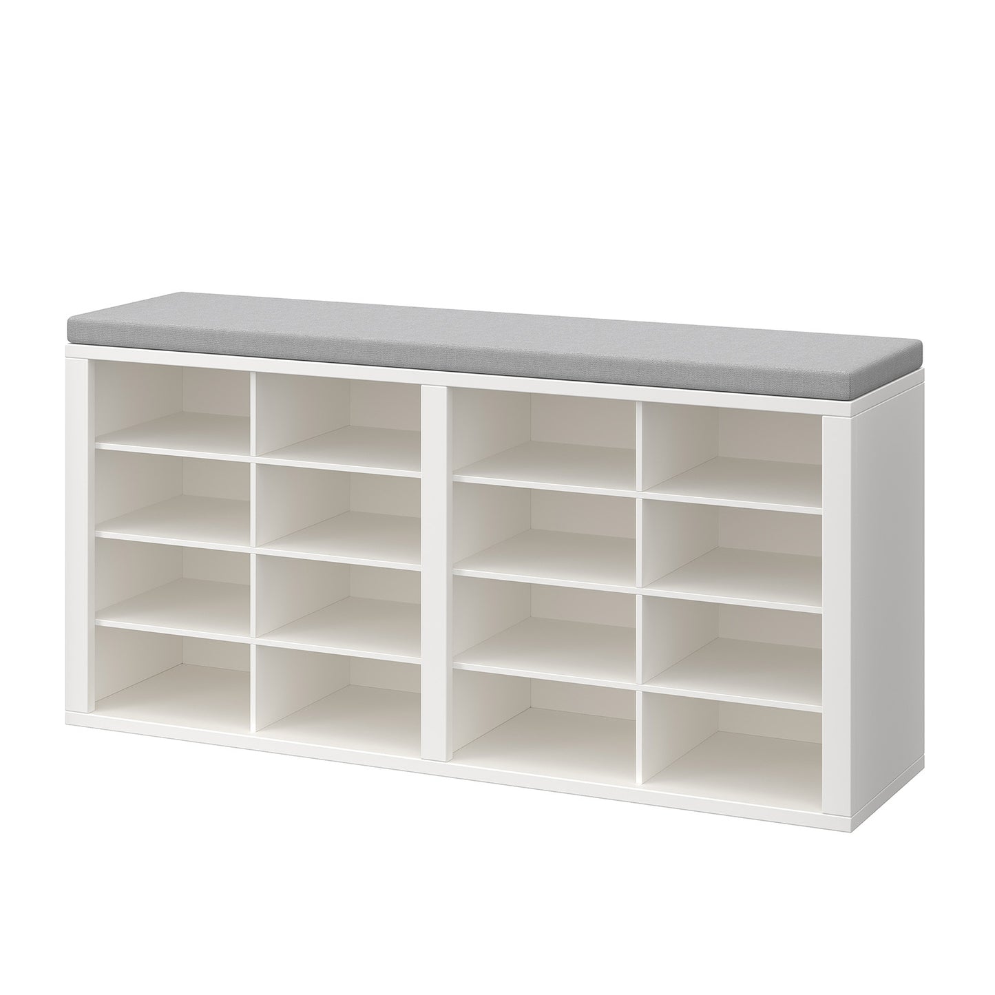 Shoe storage bench with seat cushion, 16 grid shoe rack, multifunctional storage bench, suitable for entrance, foyer, hallway, bedroom, living room linen whiteboard with light gray 16 grid