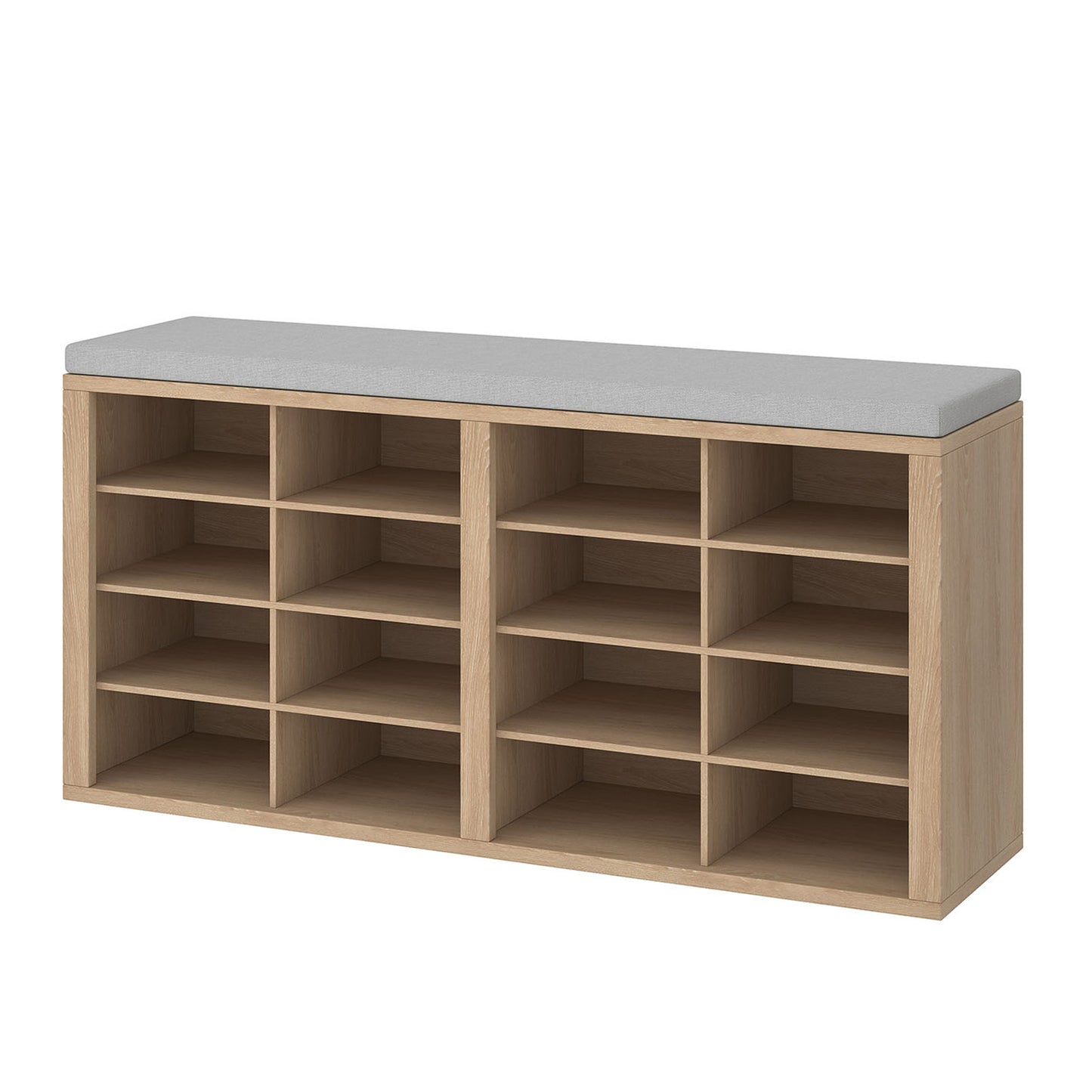 Shoe storage bench with seat cushion, 16 grid shoe rack, multifunctional storage bench, suitable for entrance, foyer, corridor, bedroom, living room, gold silk white oak board with light gray 16 grid