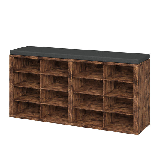 Shoe storage bench with seat cushion, 16 grid shoe rack, multifunctional storage bench, suitable for entrance, foyer, hallway, bedroom, living room retro color with dark gray 16 grid