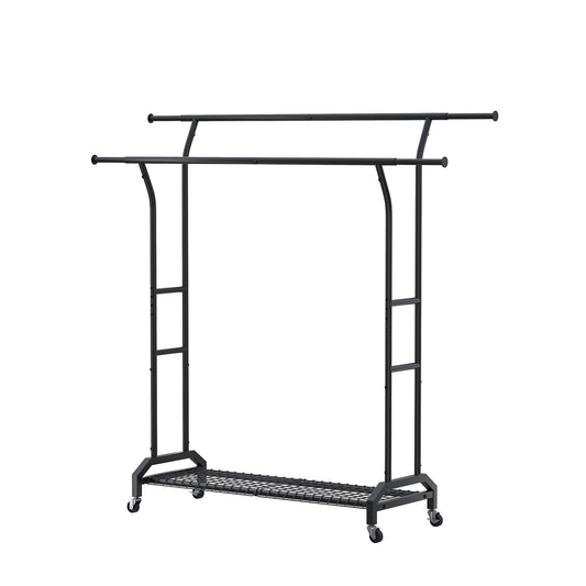 Double pole clothes hanger, metal clothes hanger, heavy-duty clothes hanger, clothes hanger with wheels and grid storage, adjustable height and stretchable drying pole