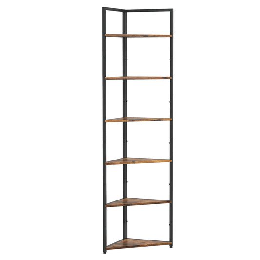 Corner bookshelf, six story corner bookshelf, storage rack with metal frame, plant rack, suitable for living room bookshelf, home office, bedroom retro color
