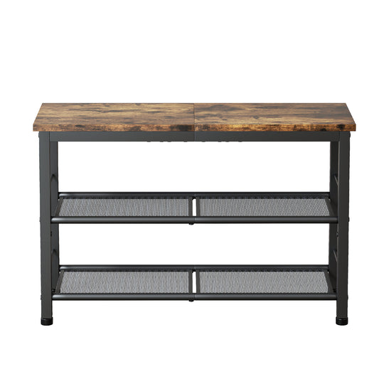 Three layer shoe rack, industrial style shoe storage bench, storage bench with metal mesh frame and seat partition, suitable for entrance, living room, corridor, easy assembly retro color