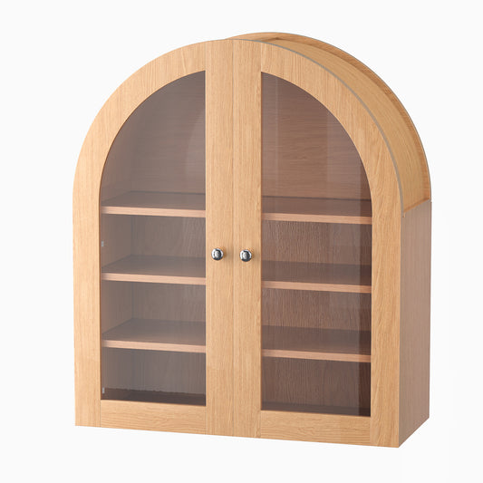 Oak colored wooden arched wall mounted storage cabinet, 3-layer storage cabinet