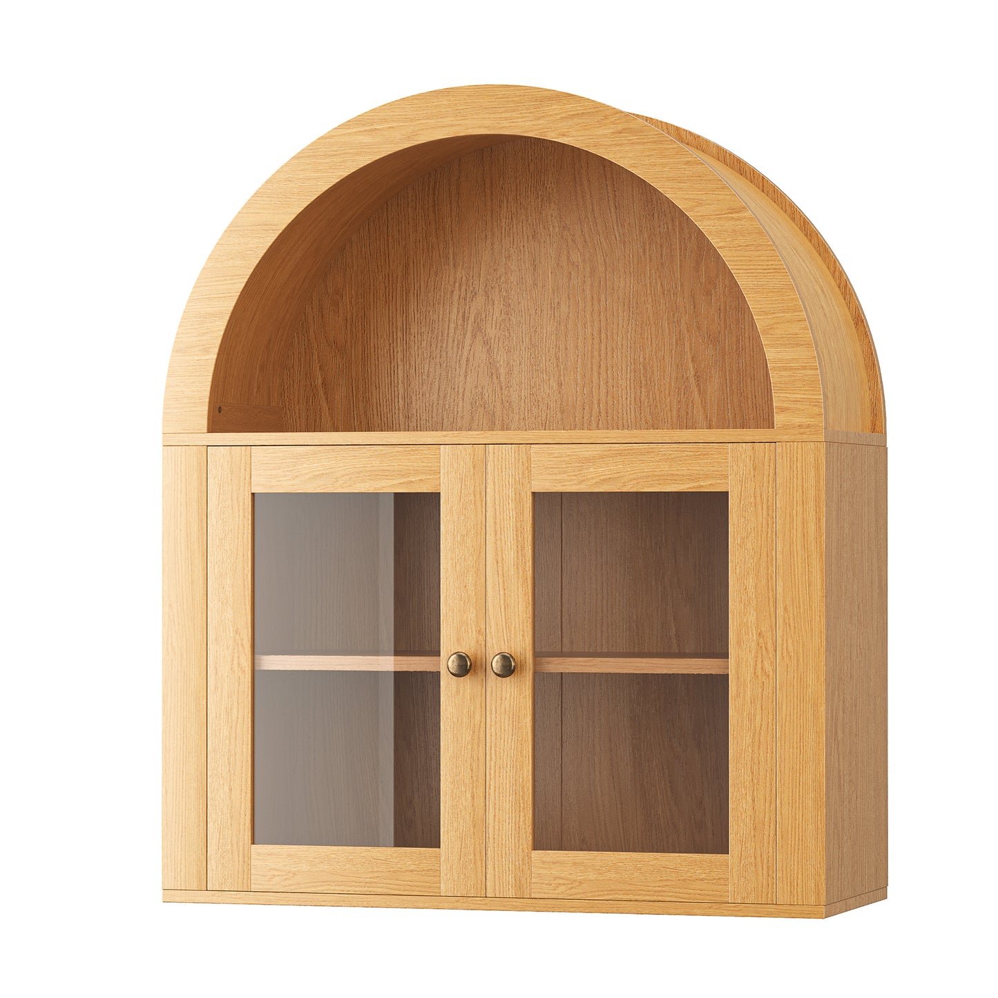 Oak colored arched cabinet with adjustable shelves suitable for kitchens, living rooms, laundry rooms, and bathrooms