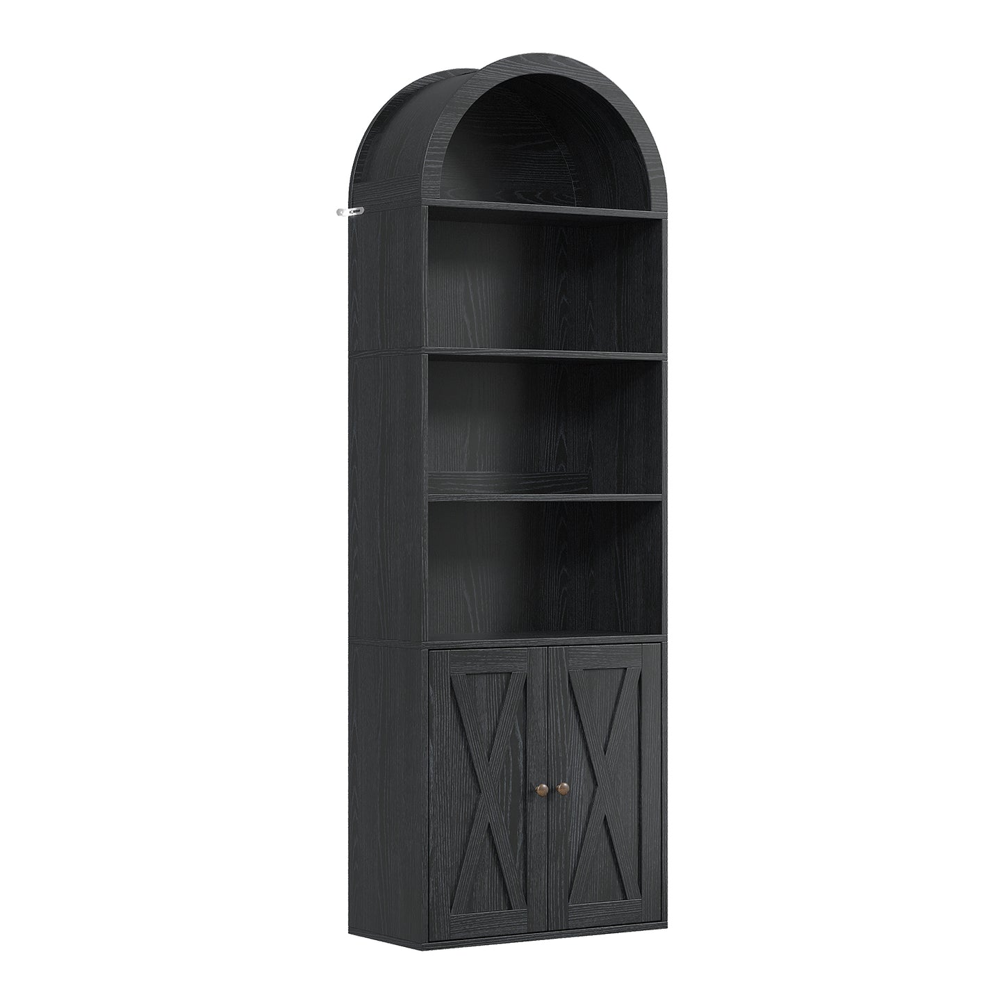 70 inch black high arched bookshelf with double door storage space and independent display lockers, suitable for living room, kitchen, and office on the 4th floor