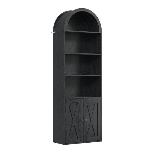 70 inch black high arched bookshelf with double door storage space and independent display lockers, suitable for living room, kitchen, and office on the 4th floor