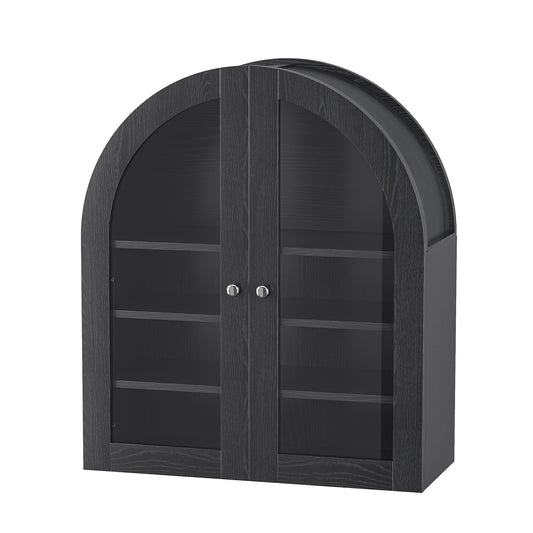 Black wooden arched wall mounted storage cabinet, black storage cabinet
