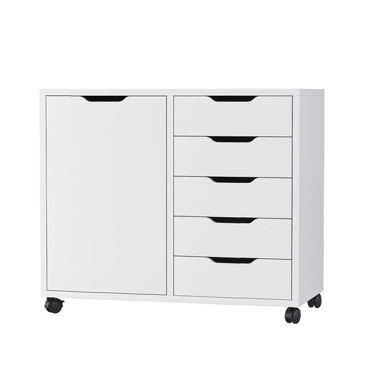 Five drawer mobile storage cabinet with doors, office and household document storage cabinet, printer shelf, office storage cabinet with adjustable shelves and wheels, white and white