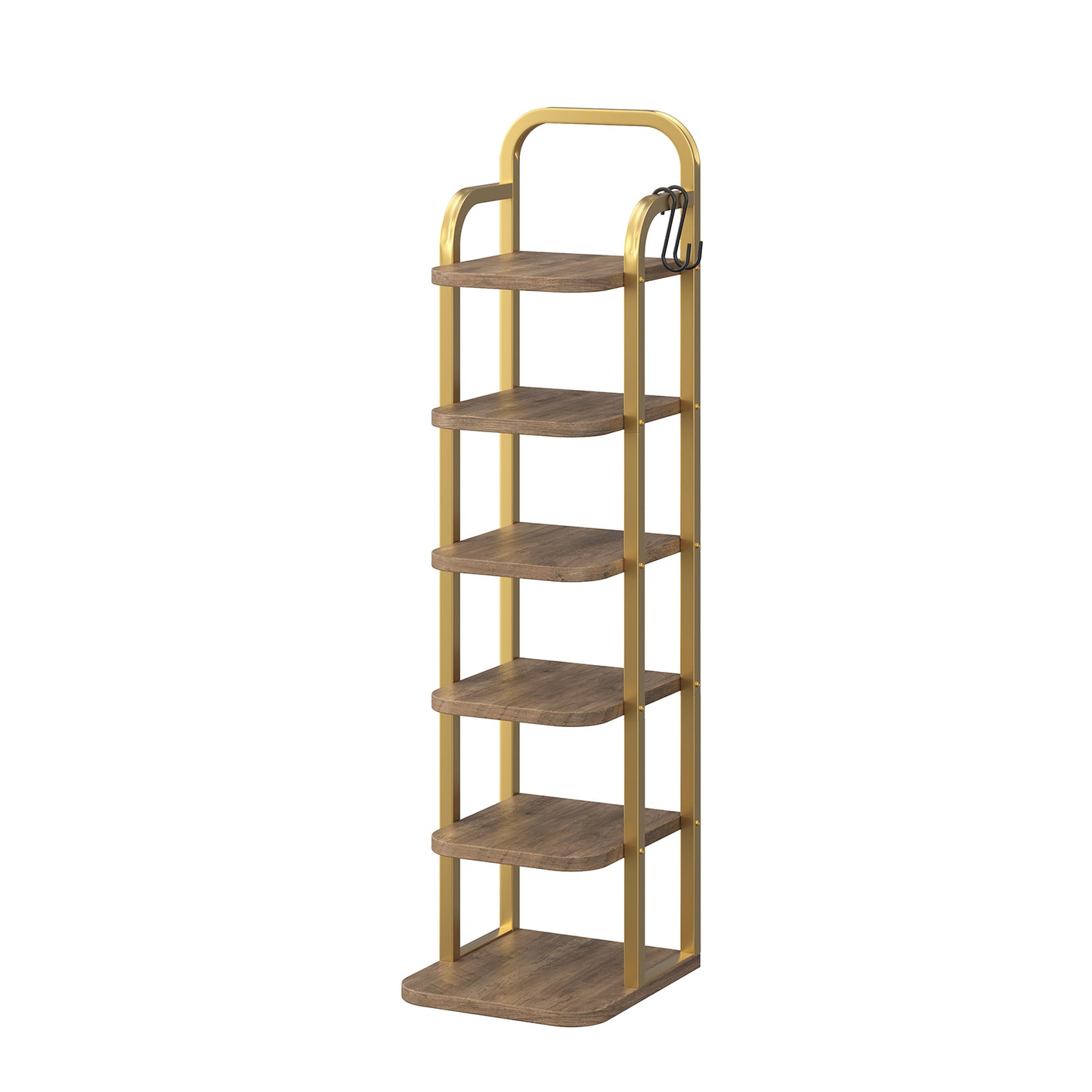 6-story vertical shoe rack, narrow shoe cabinet, high shoe rack with 2 hooks, small space corner shoe rack, entrance passage, living room champagne gold
