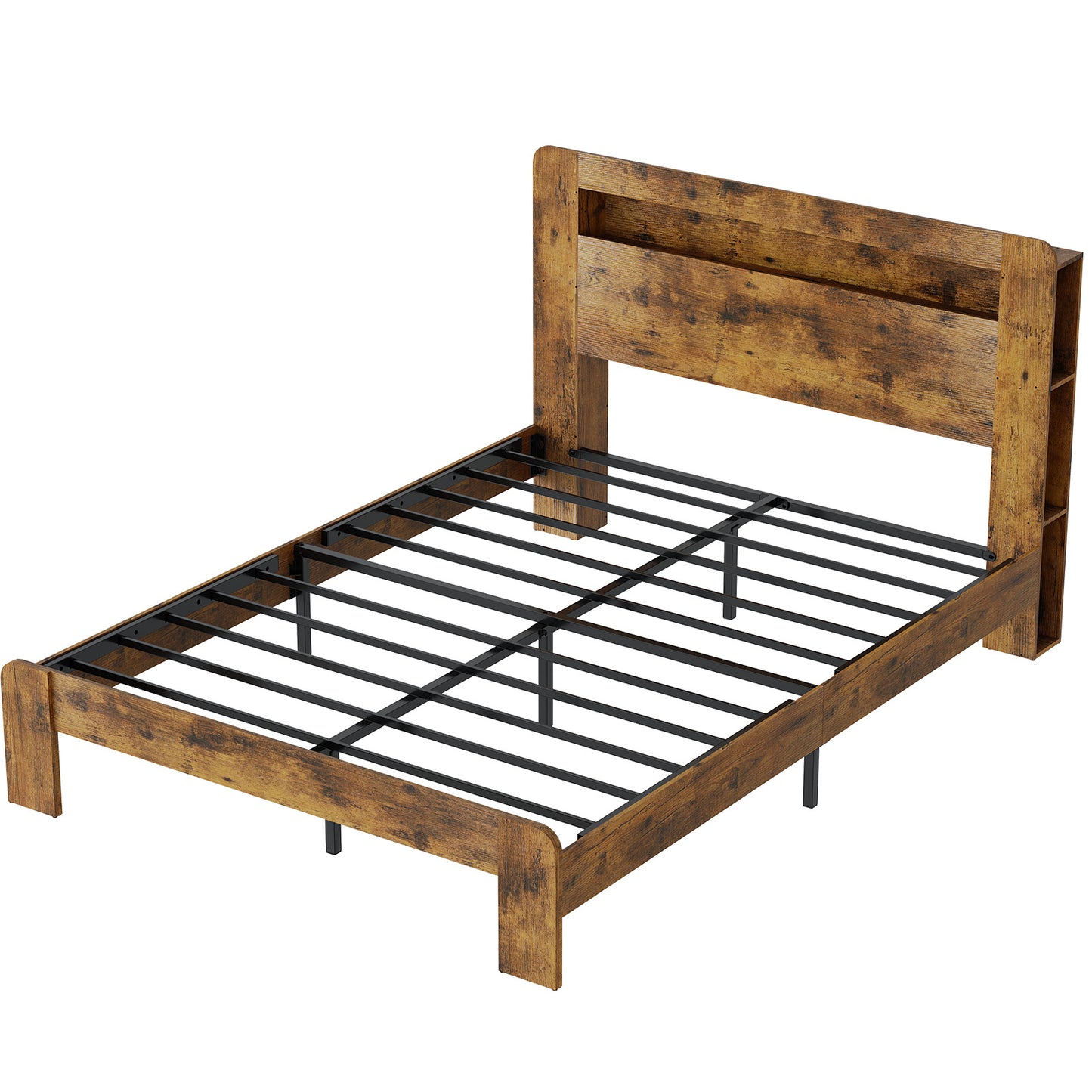 QUEEN bed frame, farmhouse style wooden bed frame, platform bed frame with storage bedside bookshelf, charging station and LED lights, no mattress base required, no noise, sturdy and durable, retro color (US standard 110V)