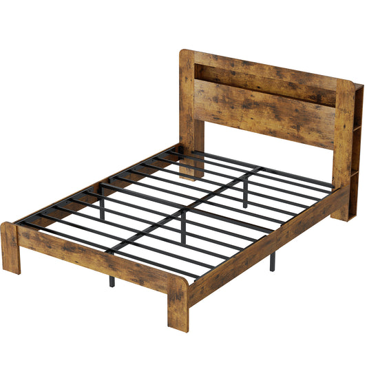 QUEEN bed frame, farmhouse style wooden bed frame, platform bed frame with storage bedside bookshelf, charging station and LED lights, no mattress base required, no noise, sturdy and durable, retro color (US standard 110V)