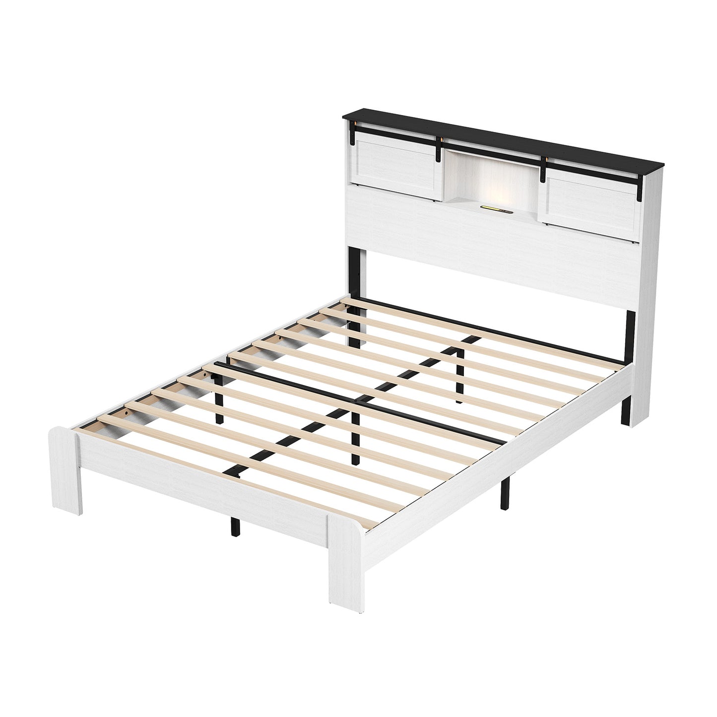 Queen bed frame, farmhouse style wooden bed frame, with storage bedside bookshelf, barn door, charging function, no need for mattress base, no noise, sturdy and durable white