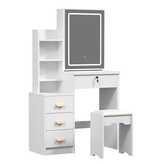 Dressing table with illuminated mirror and stool, dressing table with sliding LED light mirror, multi drawer open shelf storage dressing table, three adjustable lighting modes, US 100V-240V