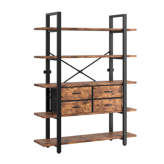 Bookshelf, 5-layer bookshelf, open bookshelf, vintage industrial style storage rack, wooden and metal storage rack, with 4 drawers, suitable for vintage colors in living rooms, bedrooms, and offices