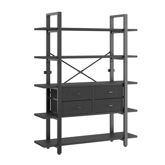 Bookshelf, 5-layer bookshelf, open bookshelf, vintage industrial style storage rack, wooden and metal storage rack, with 4 drawers, suitable for living room, bedroom, office, black