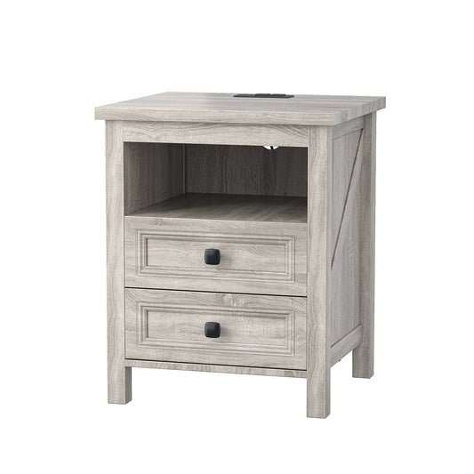Farmhouse wind cabinet with charging station and USB port, bedside table with two drawers, suitable for bedroom, living room, wardrobe, study, US standard 110V gray wood grain