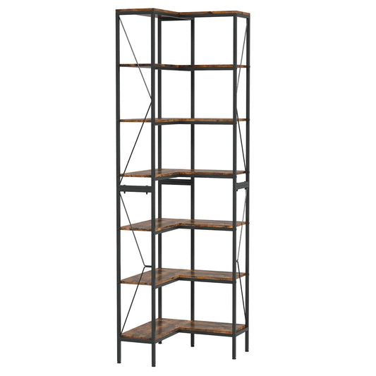 Corner bookshelf, seven story L-shaped corner bookshelf, industrial style corner shelf, open independent display shelf, vertical storage shelf, suitable for retro colors in living rooms and home offices