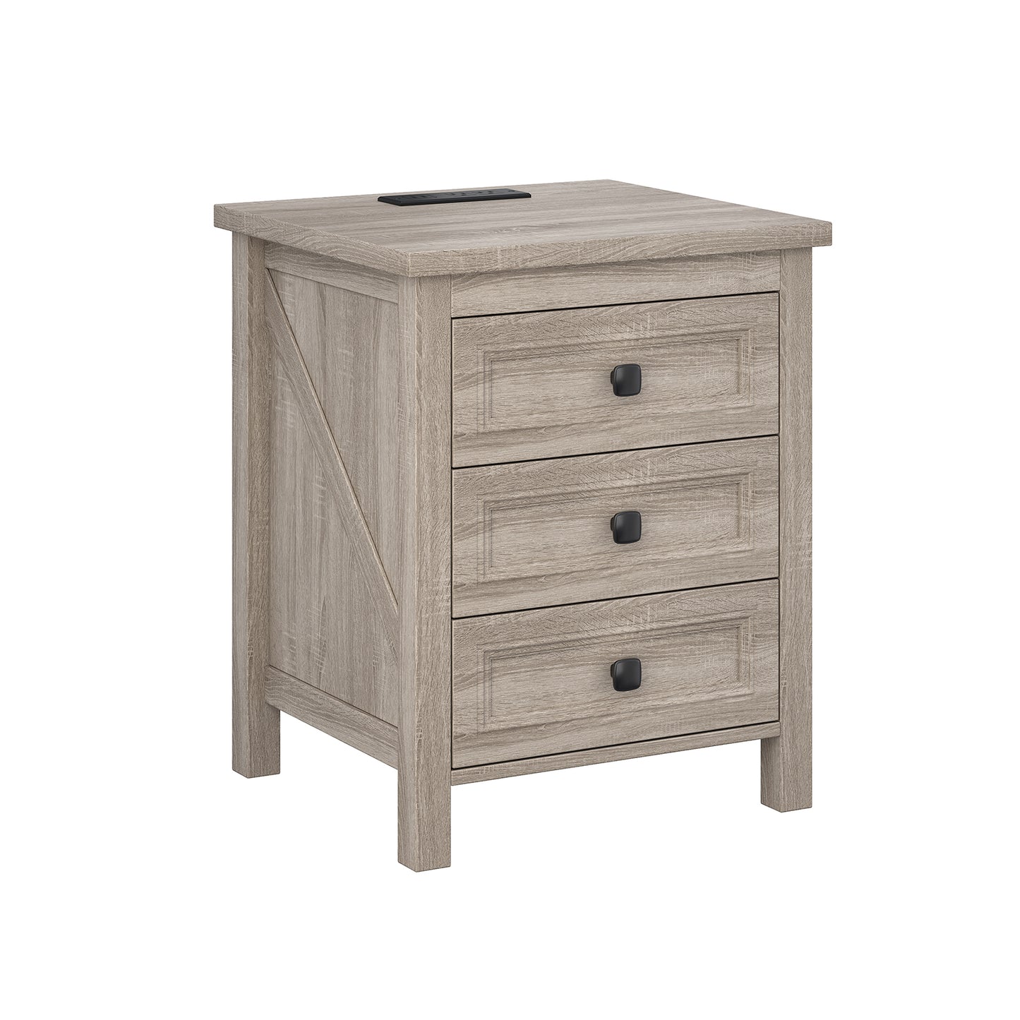 Farmhouse wind cabinet with socket USB port, equipped with a three drawer bedside table, suitable for bedrooms, living rooms, wardrobes, and study rooms with American standard 110V gray wood grain