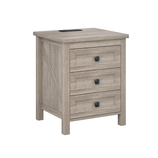 Farmhouse wind cabinet with socket USB port, equipped with a three drawer bedside table, suitable for bedrooms, living rooms, wardrobes, and study rooms with American standard 110V gray wood grain