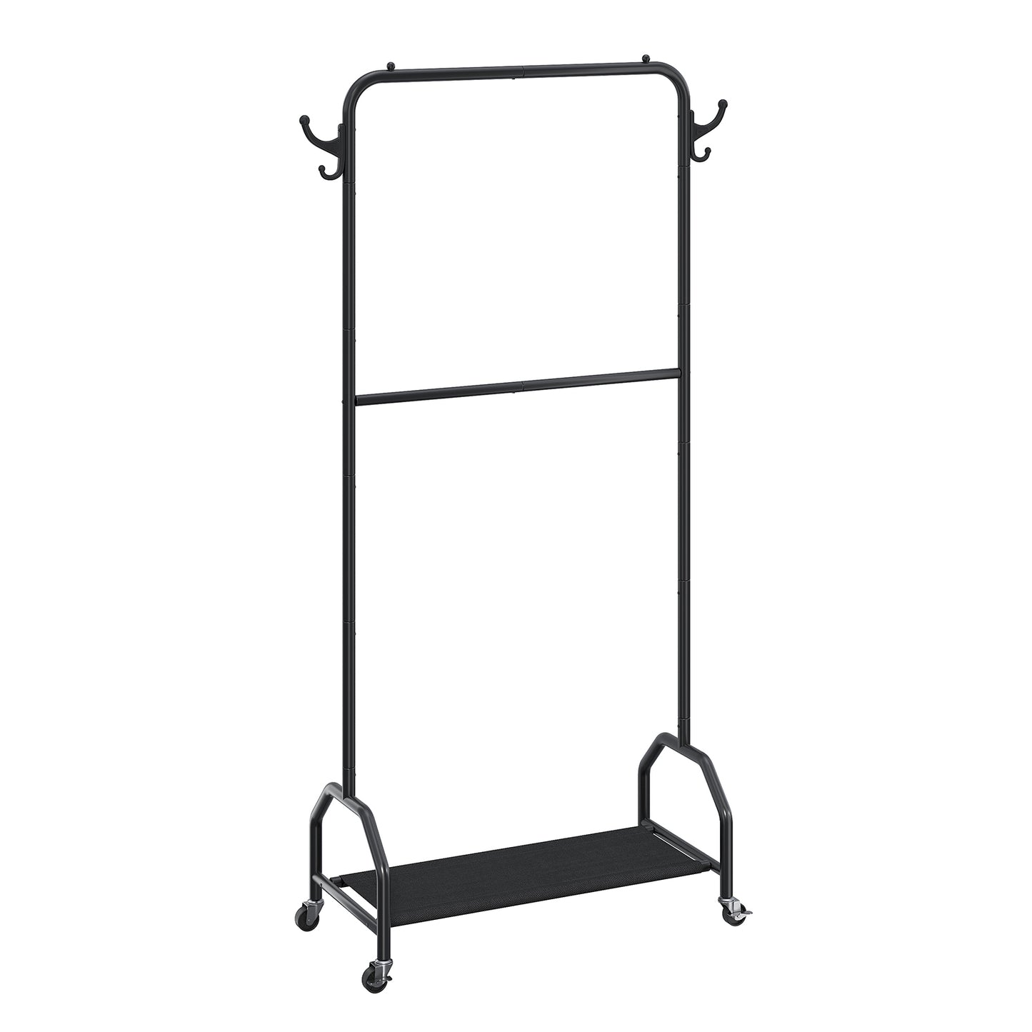 Hanger, double hanging hanger, clothing rack with wheels, metal hanger with coat hook and shelf, black
