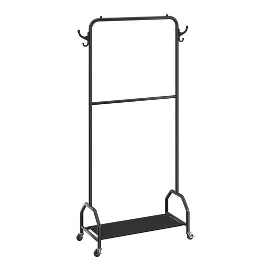 Hanger, double hanging hanger, clothing rack with wheels, metal hanger with coat hook and shelf, black