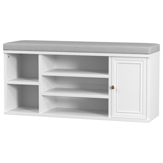 Shoe storage bench with cushion, white entrance shoe rack bench, 7-compartment shoe storage bench, suitable for entrance passage, living room, bedroom, corridor, closet white