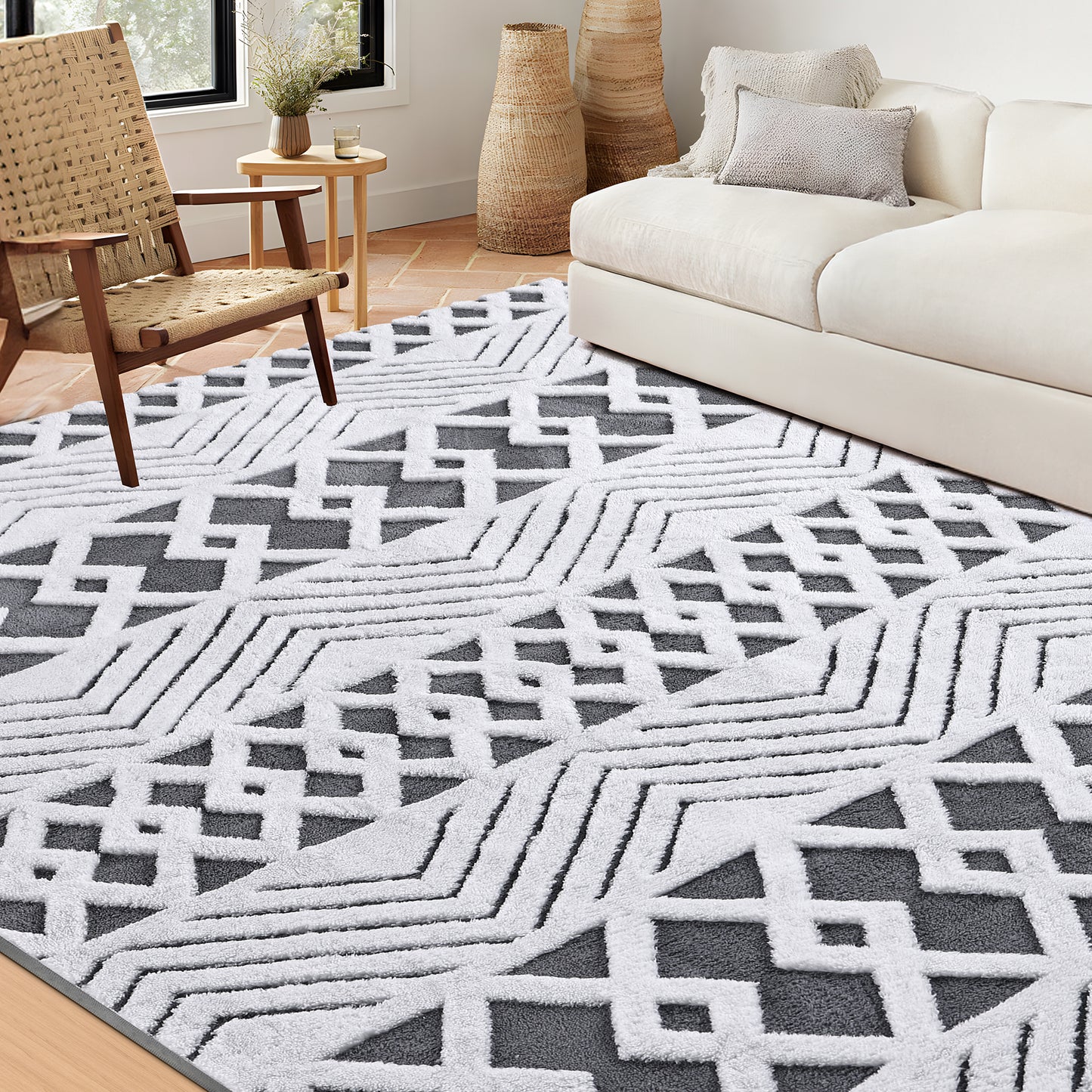 Nefoso Shag Area Rug, 8ft x 10ft Washable Area Rugs for Living Room Bedroom Decor, Non-Slip Carpet, Modern Geometric