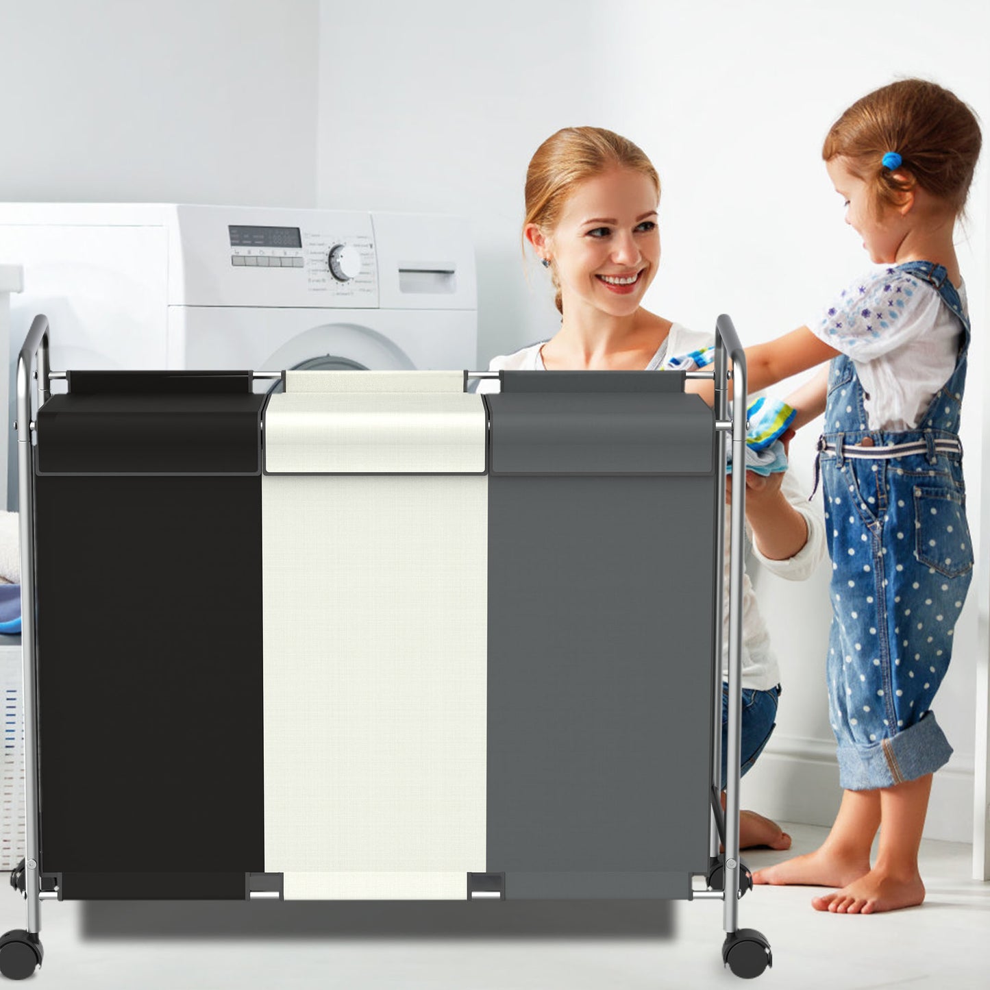 Nefoso 3 Section Laundry Hamper with Lid and Wheels, 150L Large Laundry Basket Sorter Cart with Handle, Clothes Storage, Multicolor