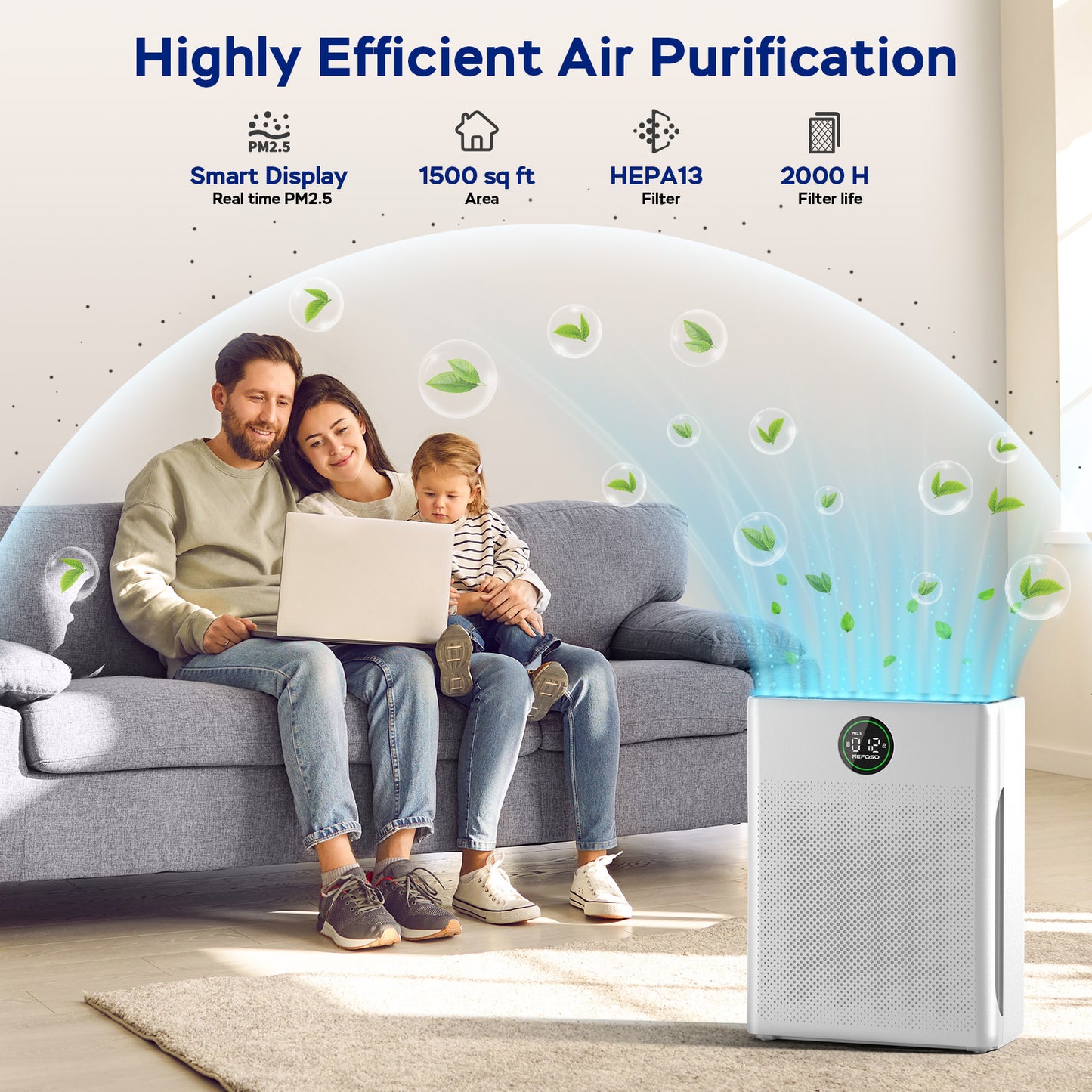 Nefoso Air Purifier for Large Rooms with Washable Filter, Covers up to 1500 Sqft, PM2.5 Display, Removes Smoke Pet Dander Mold Home & Bedroom