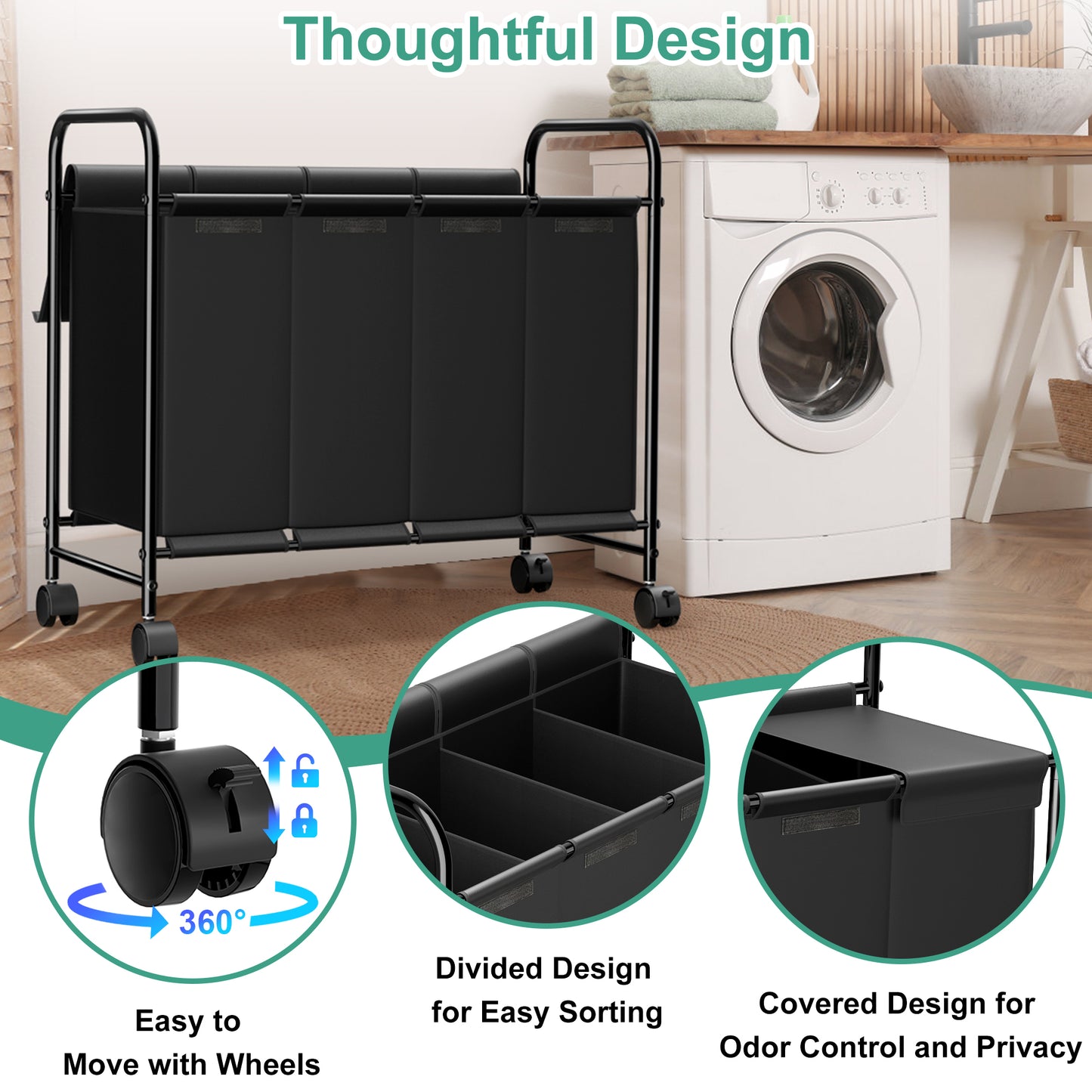 Nefoso 4 Section Laundry Hamper with Lid and Wheels, 200L Large Laundry Basket Sorter Cart with Handle, Clothes Storage, Black