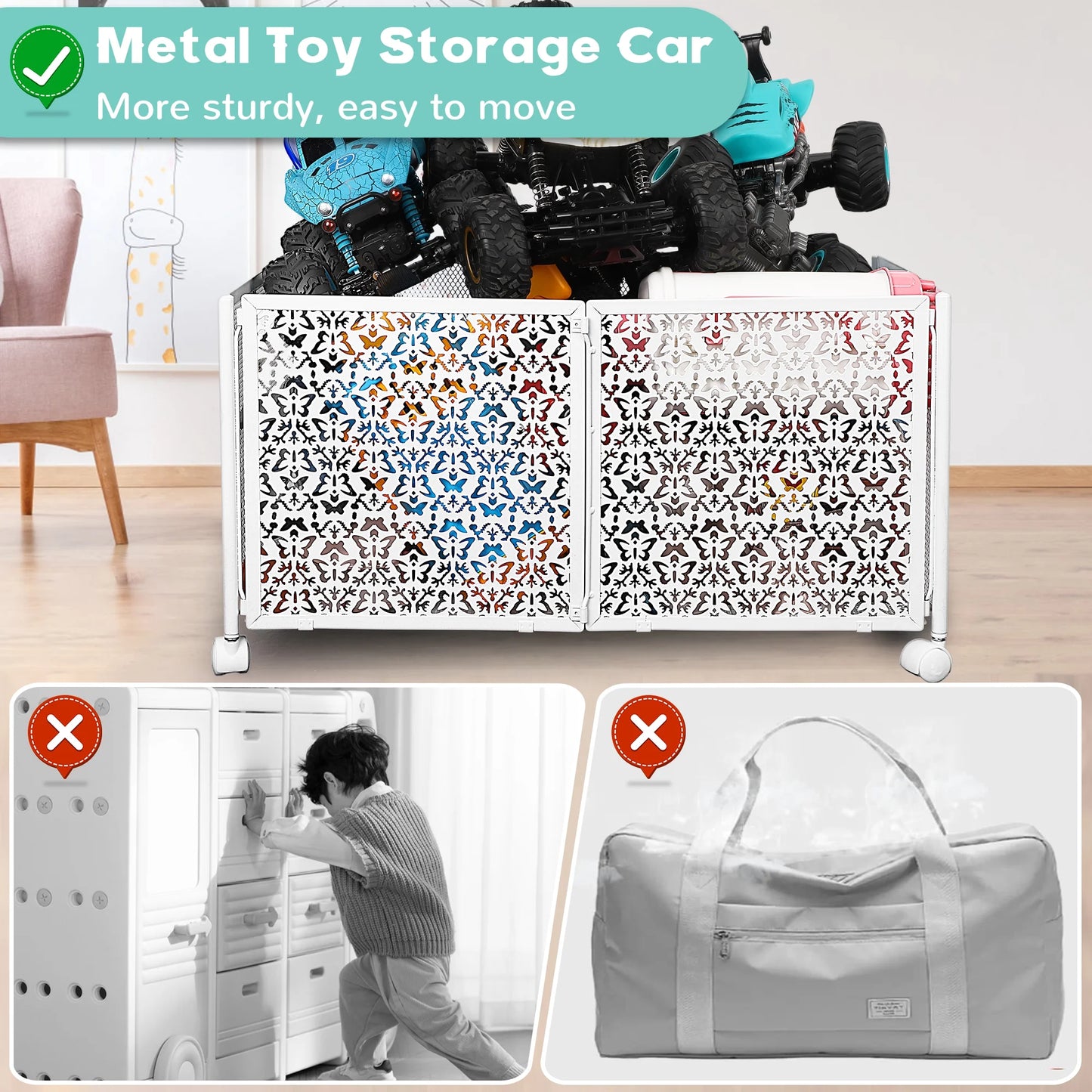 Nefoso Toy Box Storage, Foldable Metal Kids Toy Chest with Wheels for Bedroom Nursery Playroom