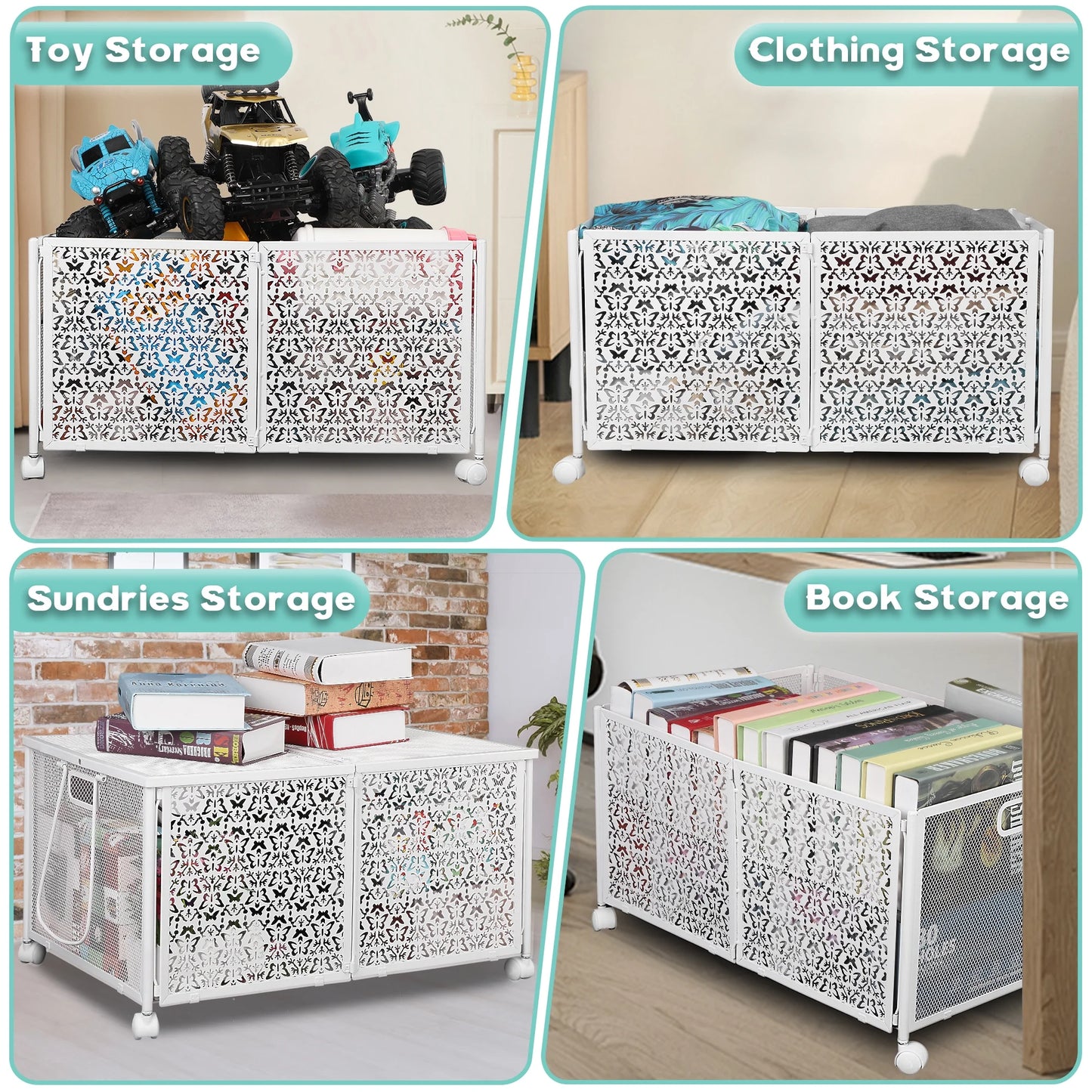 Nefoso Toy Box Storage, Foldable Metal Kids Toy Chest with Wheels for Bedroom Nursery Playroom