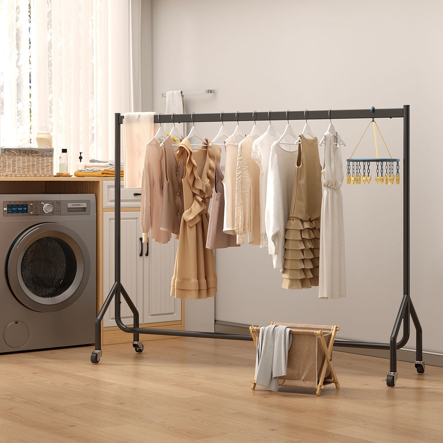 Nefoso Heavy Duty Clothes Rack with Wheels,Rolling Garment Clothing Rack for Display and Storage, Hanging Clothes,60"L x 18.4"W x 60"H(Black)