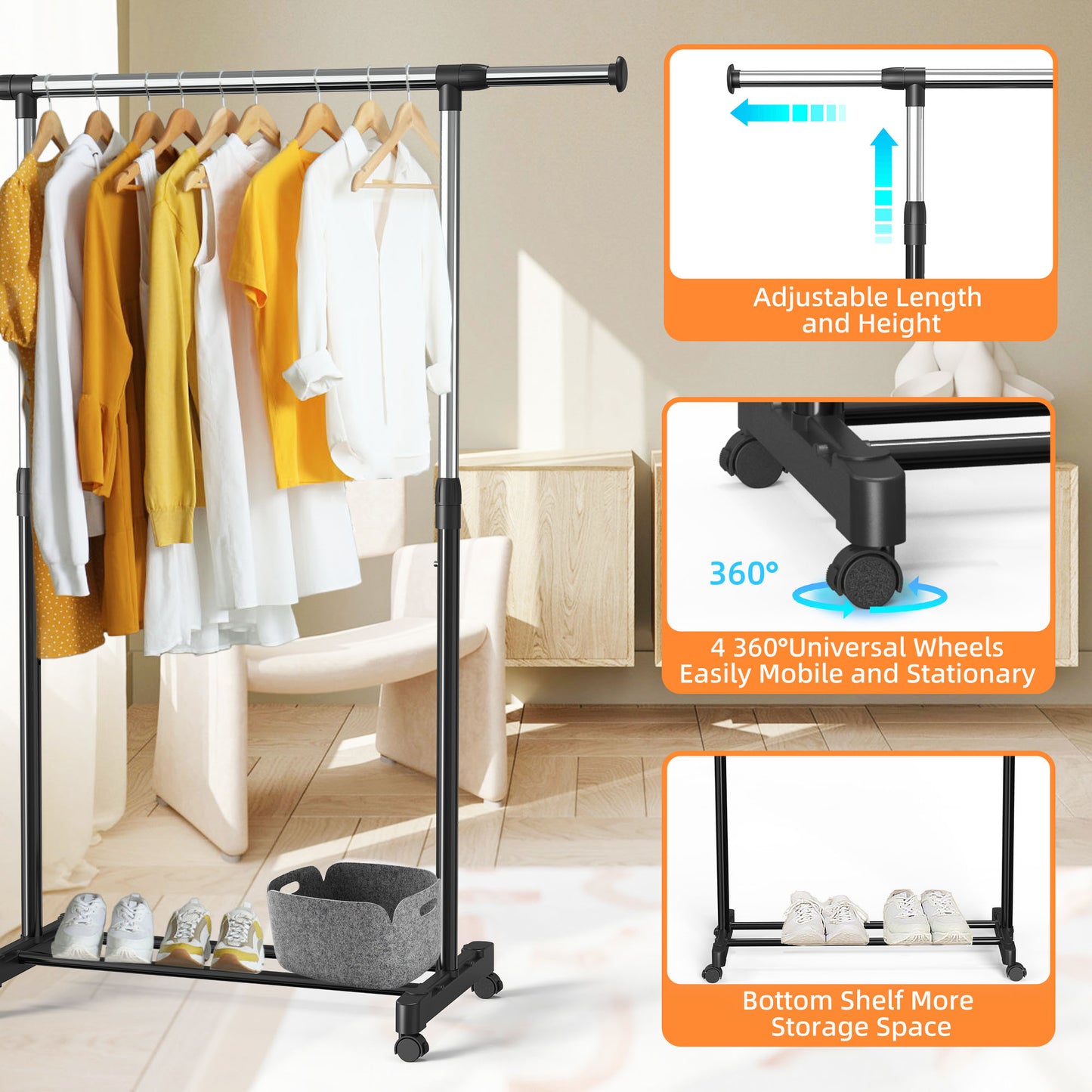 Nefoso Clothing Garment Rack with 4 Wheels Adjustable Standard Rolling Clothes Organizer for Hanging Clothes, Chrome（Black)