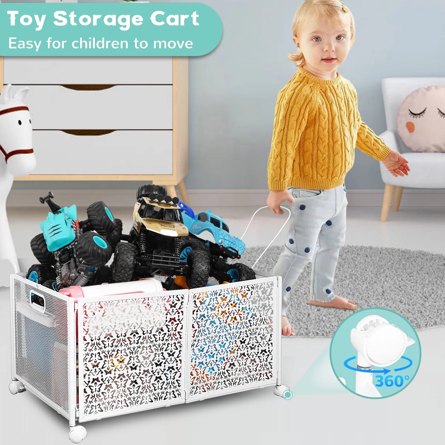 Nefoso Toy Box Storage, Foldable Metal Kids Toy Chest with Wheels for Bedroom Nursery Playroom