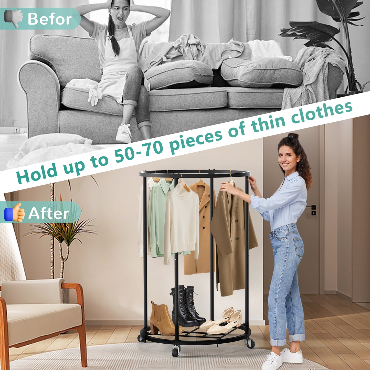 Nefoso Clothing Garment Rack with 4 Wheels and Shelf,Round Clothes Rack Rolling Clothes Organizer for Bedroom(Black)