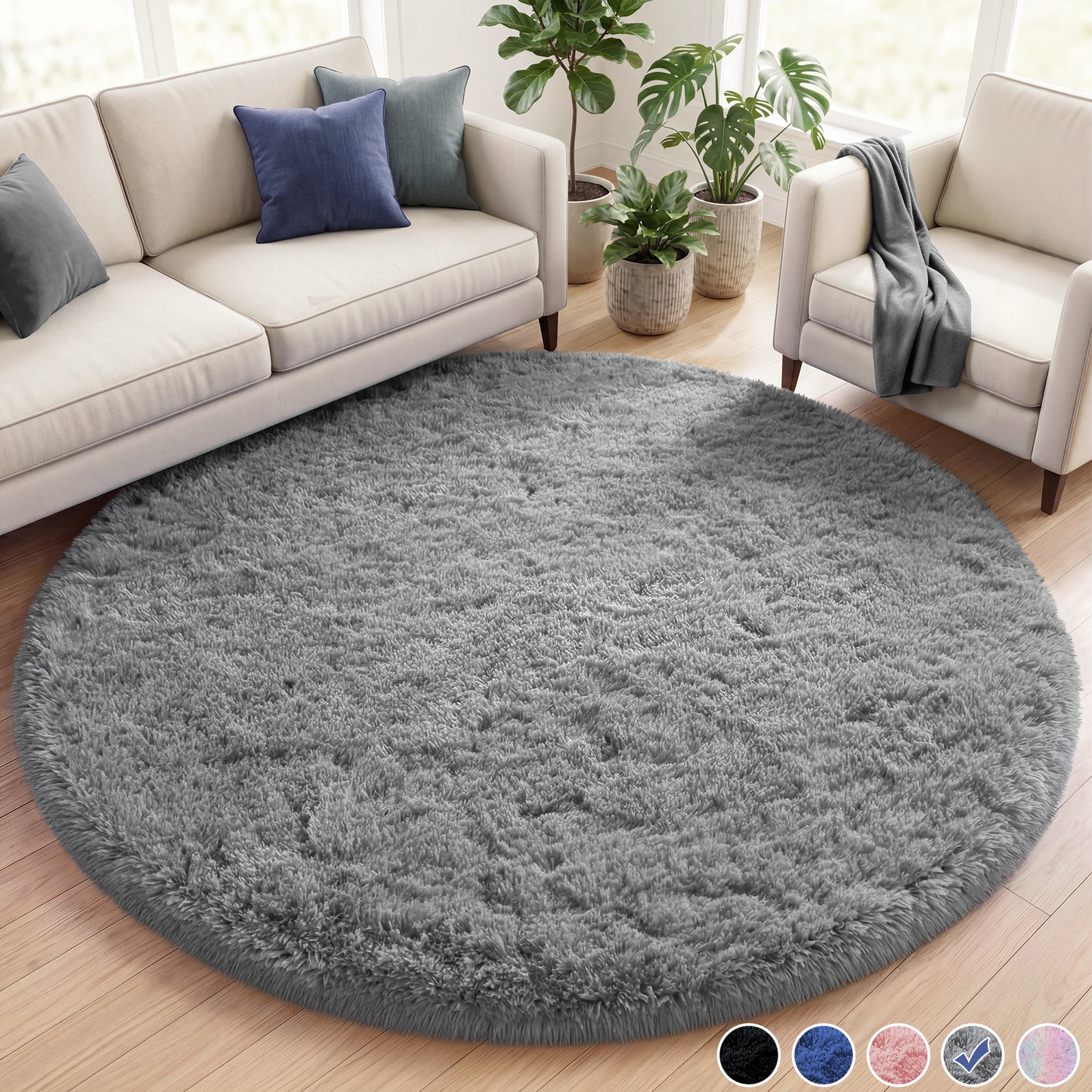 Nefoso Round Area Rug, 4ft x 4ft / 5ft x 5ft / 6ft x 6ft Soft Fluffy Shag Area Rugs for Living Room Bedroom Indoor Home Decor