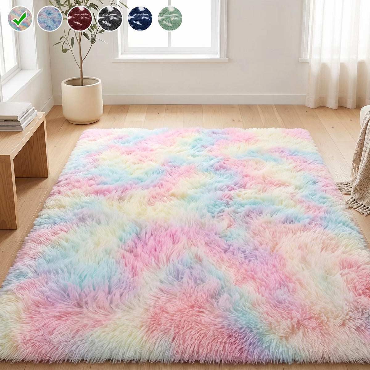 5ft x 8ft Shag Area Rug, Soft Fluffy Indoor Tie-Dye Area Rugs for Living Room Bedroom Decor Carpet, Rainbow Pink