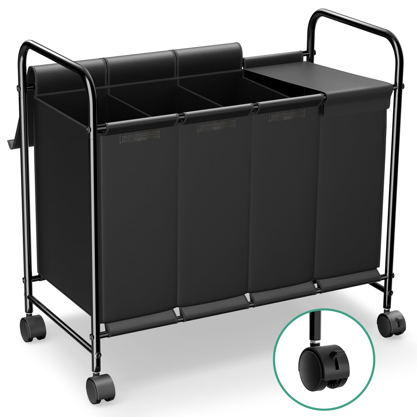 Nefoso 4 Section Laundry Hamper with Lid and Wheels, 200L Large Laundry Basket Sorter Cart with Handle, Clothes Storage, Black