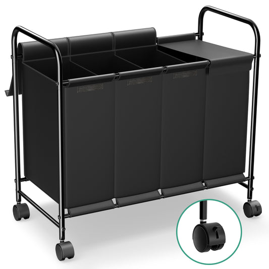 Nefoso 4 Section Laundry Hamper with Lid and Wheels, 200L Large Laundry Basket Sorter Cart with Handle, Clothes Storage, Black