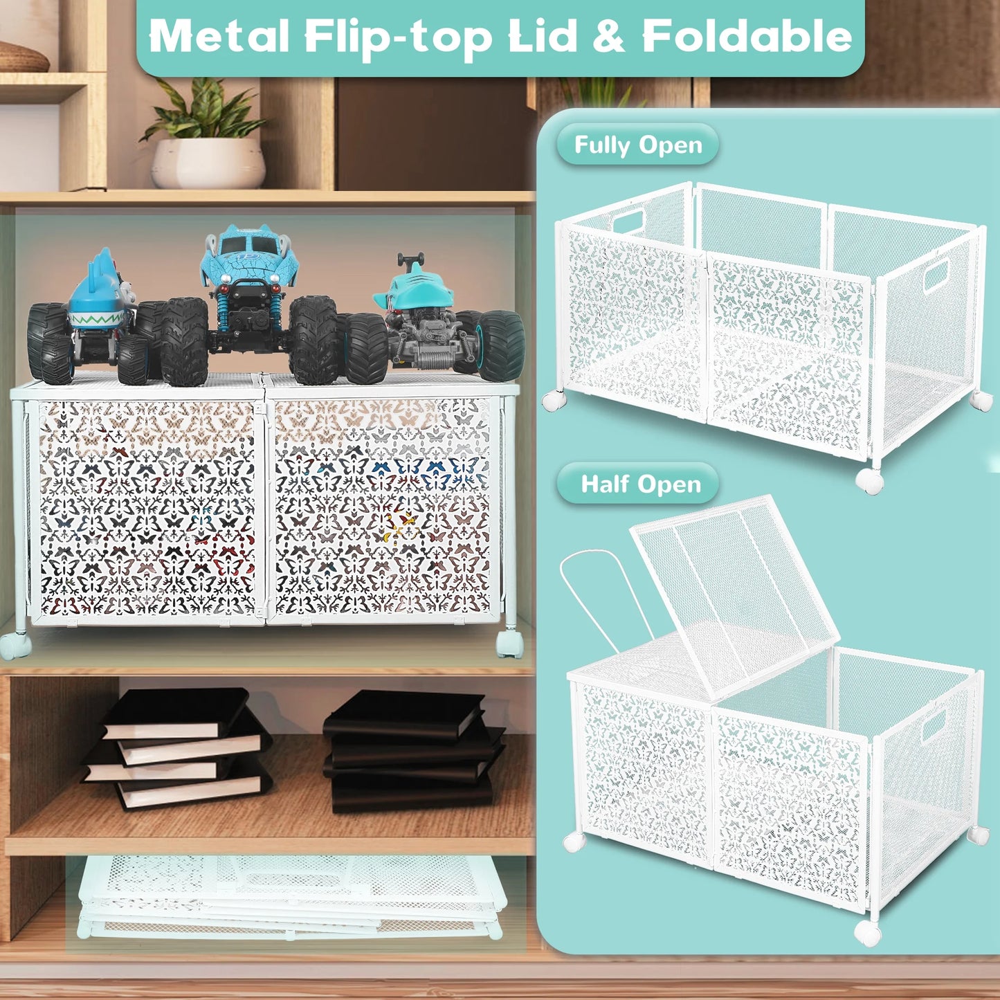 Nefoso Toy Box Storage, Foldable Metal Kids Toy Chest with Wheels for Bedroom Nursery Playroom