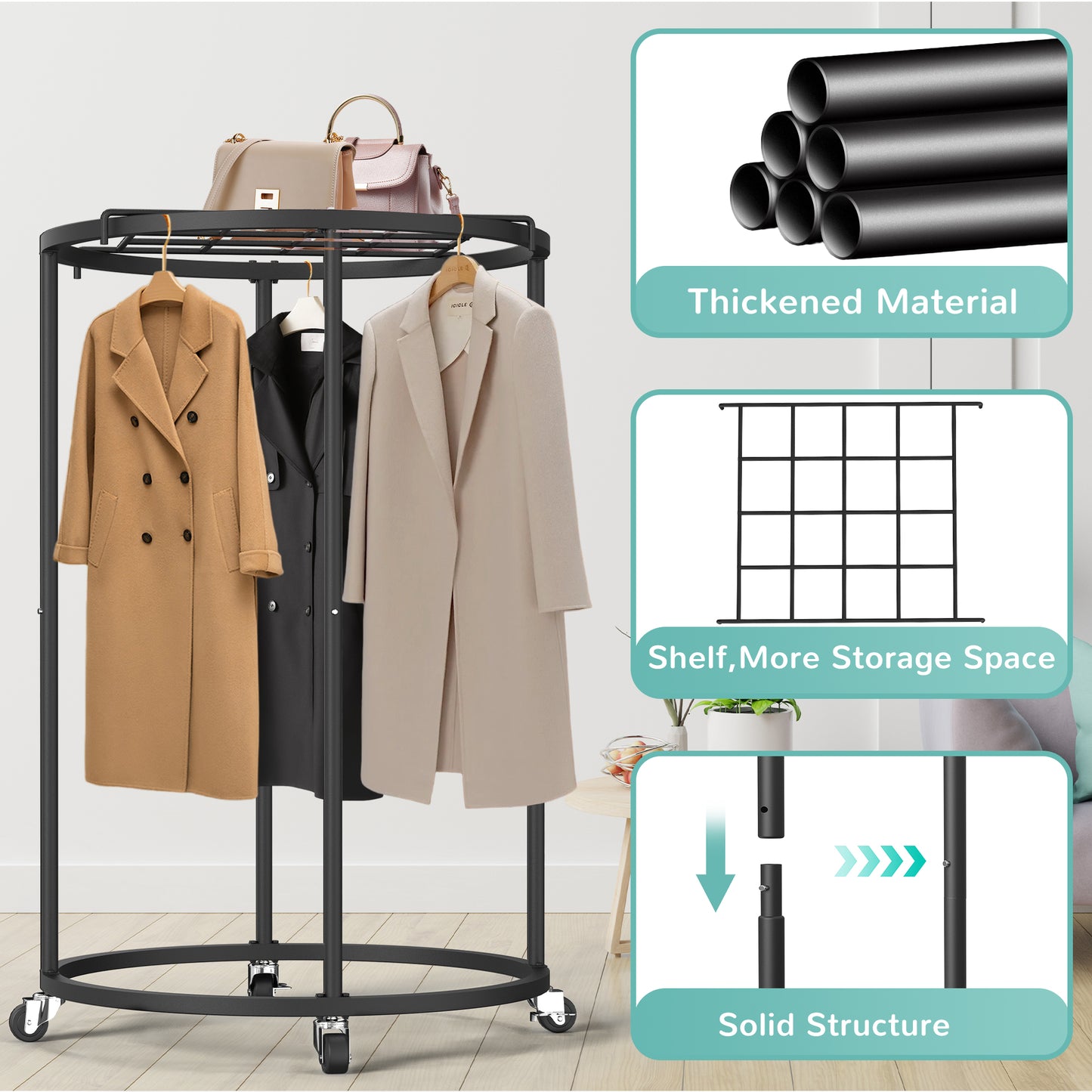 Nefoso Clothing Garment Rack with 4 Wheels and Shelf,Round Clothes Rack Rolling Clothes Organizer for Bedroom(Black)