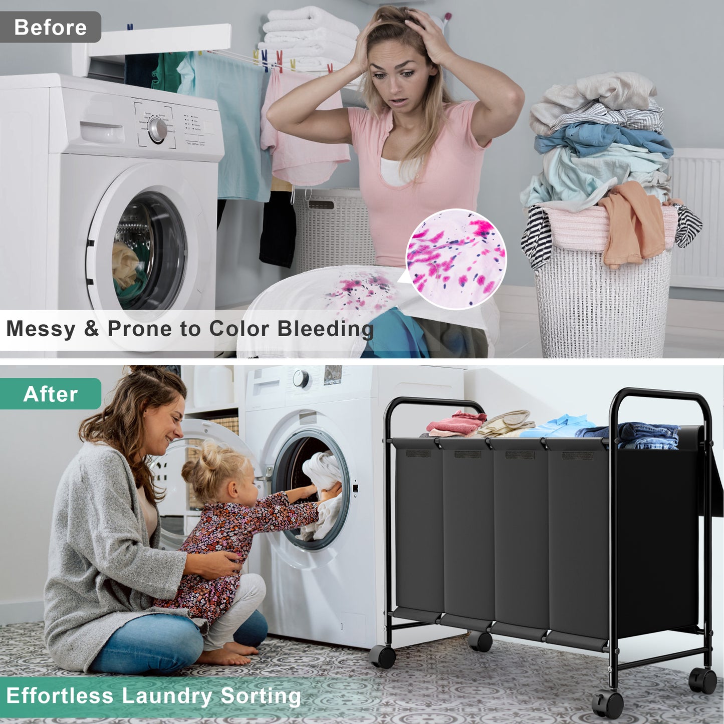Nefoso 4 Section Laundry Hamper with Lid and Wheels, 200L Large Laundry Basket Sorter Cart with Handle, Clothes Storage, Black