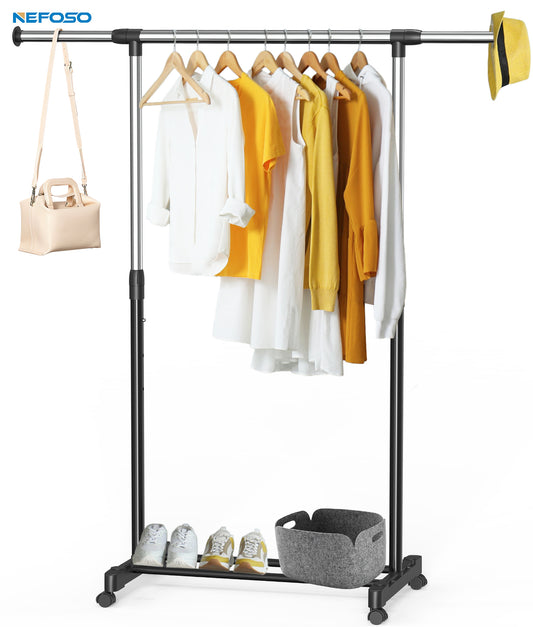 Nefoso Clothing Garment Rack with 4 Wheels Adjustable Standard Rolling Clothes Organizer for Hanging Clothes, Chrome（Black)