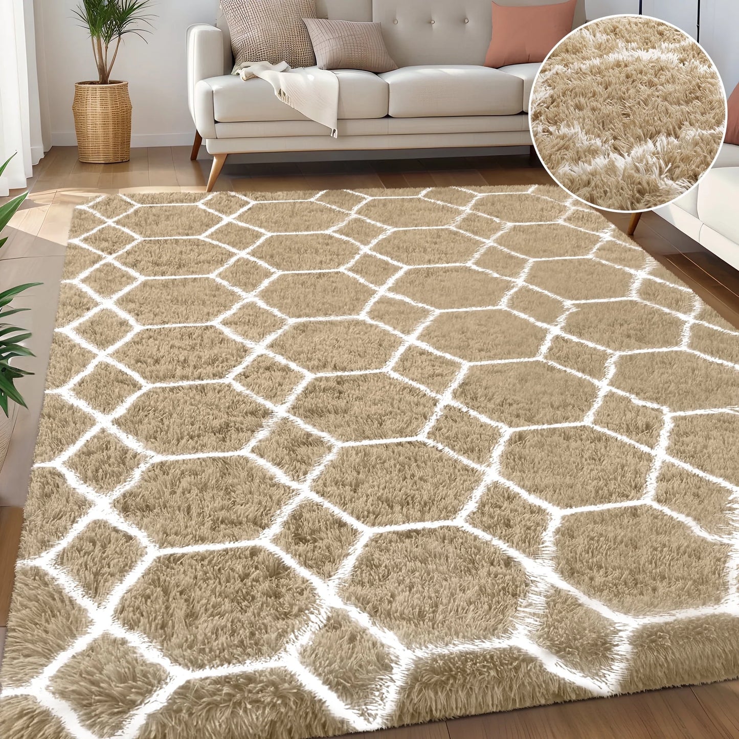 Nefoso Shag Geometric Area Rug, 8ft x 10ft Soft Fluffy Area Rugs for Living Room Bedroom Decor Carpet