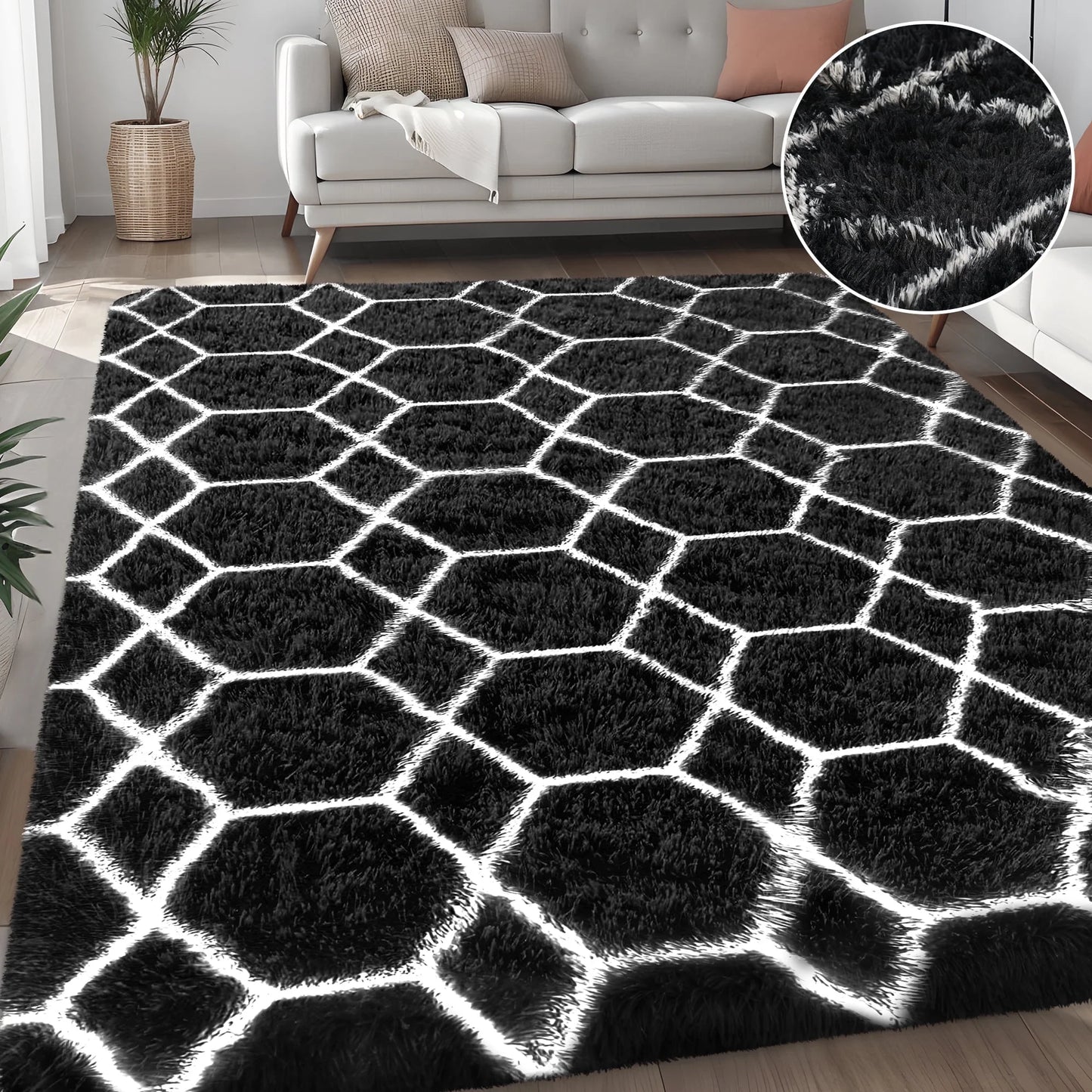 Nefoso Shag Geometric Area Rug, 8ft x 10ft Soft Fluffy Area Rugs for Living Room Bedroom Decor Carpet